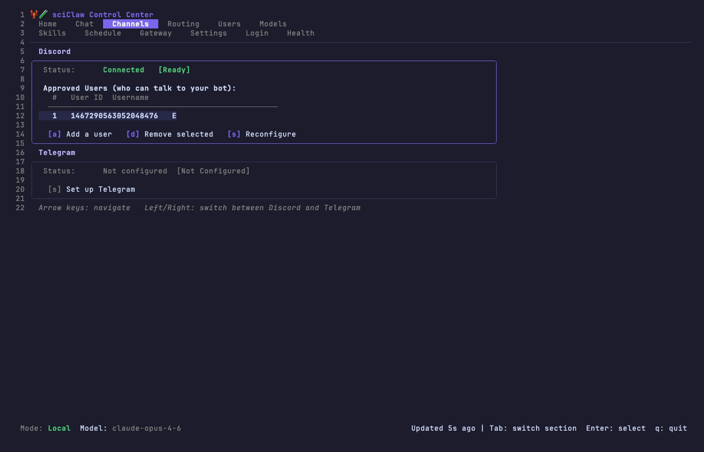 sciClaw TUI — Channels tab showing Discord connected with approved users and Telegram not configured